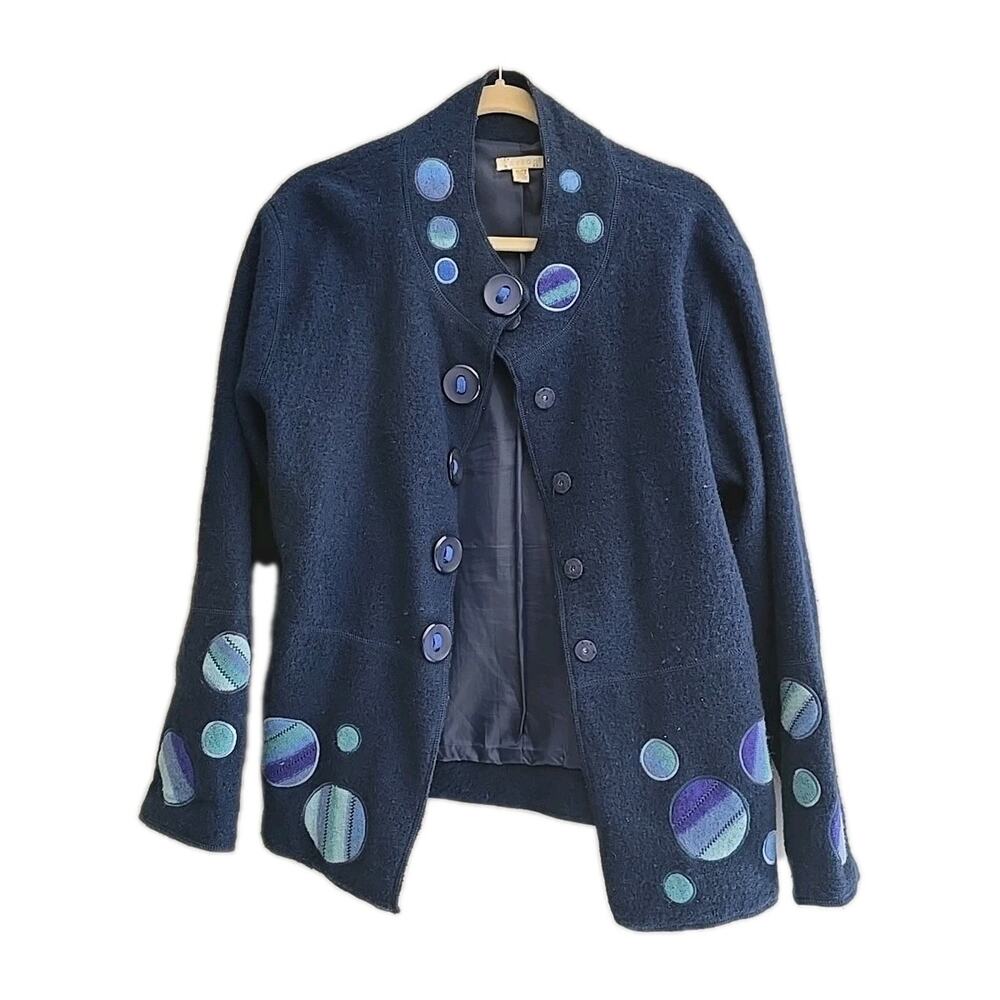 Carson Navy Blue Wool Circle Art To Wear Button Front Jacket Womans Size XL‎